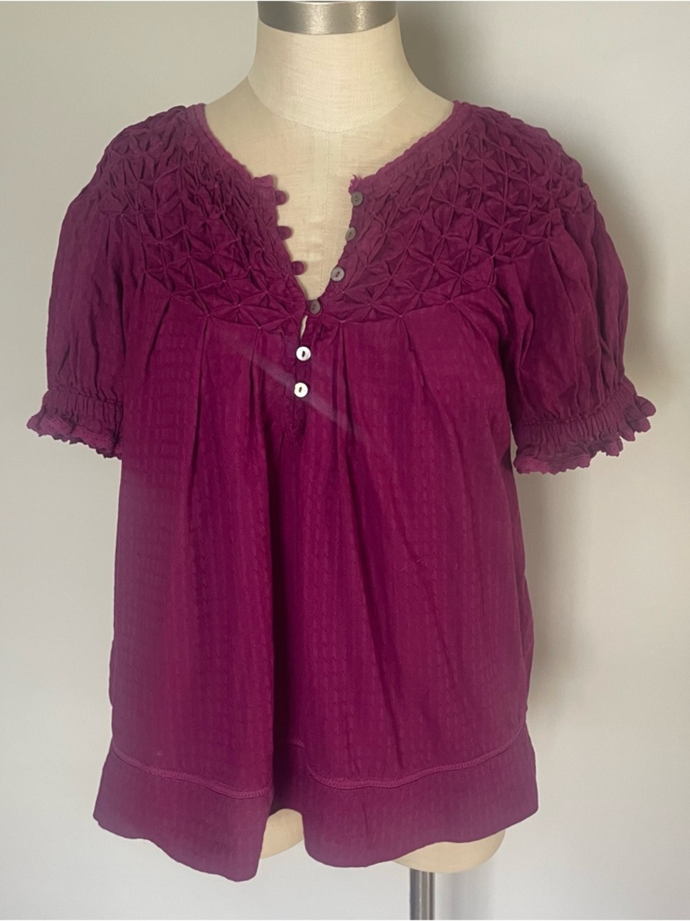 Sundance smocked puff sleeve cotton top size S